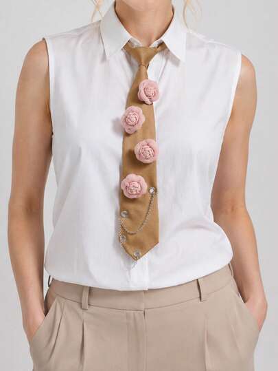 1PC Women's Elegant Versatile Casual 3D Flower Decor Chain Solid Color Hand-Tied Necktie, Suitable For Dating, Shopping, Party Matching