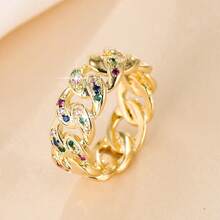 1pc Women's Chain Design Colorful Rhinestone Ring, Luxury Style Hollow Band, Versatile Jewelry For Daily Commute And Date - Silver - View 11