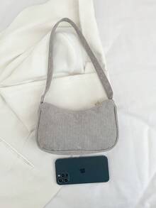 Minimalist Light Gray Corduroy Hobo Underarm Bag, Single Handle Handbag For Women, Soft Accessory For Casual And Office Look - 深灰色 - 查看 1