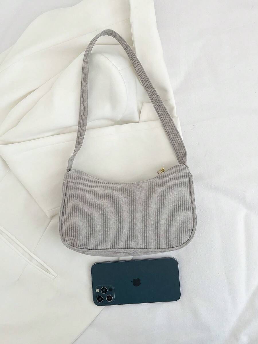 Minimalist Light Gray Corduroy Hobo Underarm Bag, Single Handle Handbag For Women, Soft Accessory For Casual And Office Look - 深灰色 - 查看 1