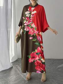 1pc Women's Arabic Abaya Dress, Contrast Color Placement Print, Stand ...