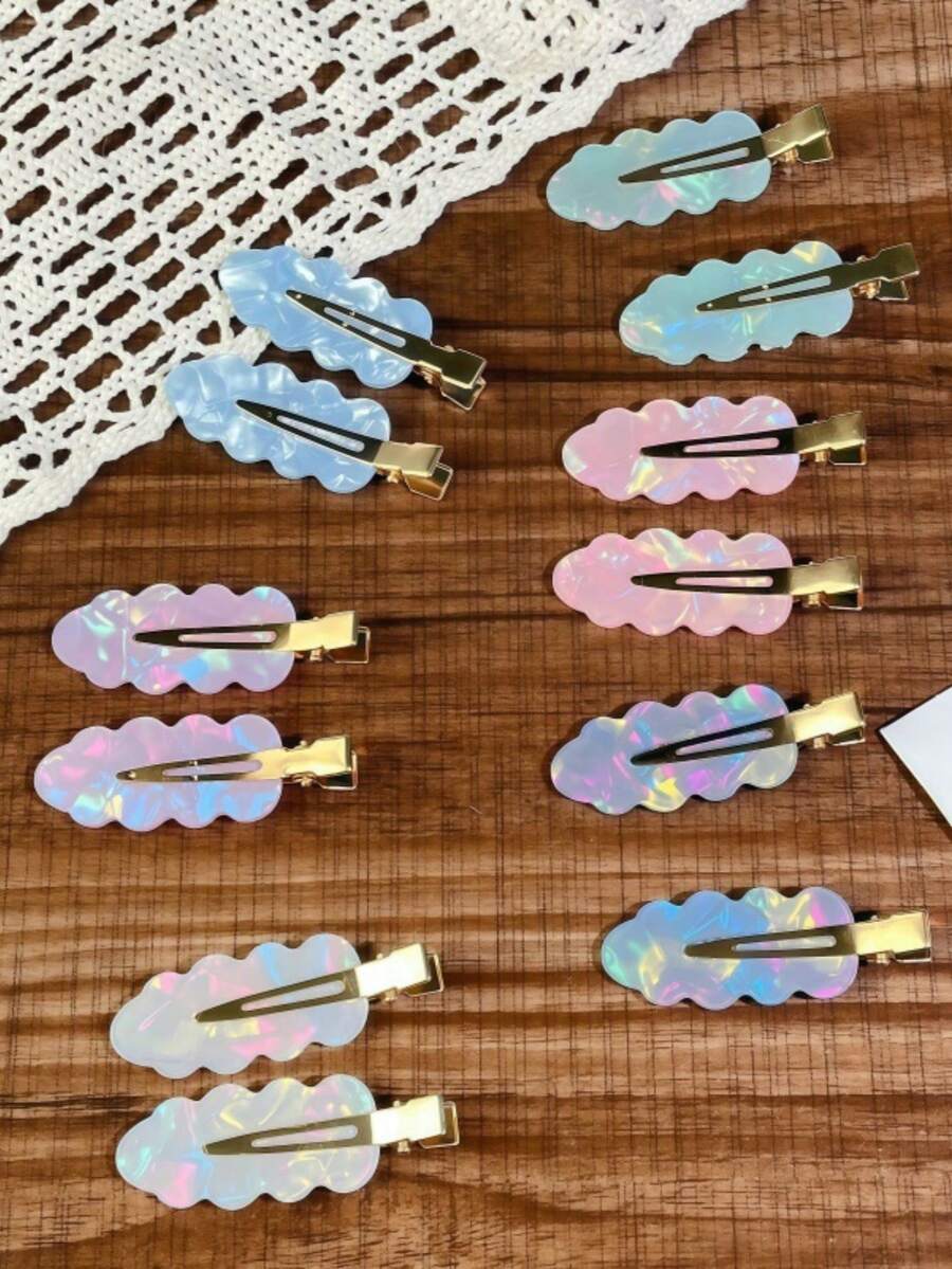 6PCS/12PCS Geometric Pattern Casual Korean Style Cloud Hair Clips For Women, Fashion Versatile Bangs Side Clips, Transparent Iridescent Hair Accessories - Multicolor - View 1