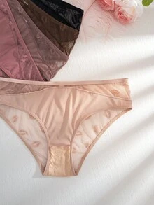 5pcs Women's Lip Mesh Jacquard Patchwork Comfortable Plus Size Triangle Panties - Multicolor - View 5