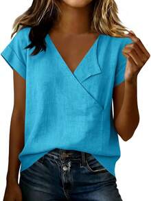 JOAU - Camisetas de algodón y lino para mujer, estilo casual, manga corta, cuello en V, holgadas, ligeras, de gasa - Gris - Ver 17