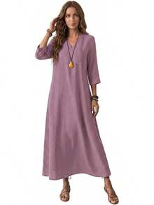 Genérico Vestido Largo de Lino de Algodón para Mujer,Manga 3/4,Vestido de Moda con Cremallera Trasera,Vestidos Largo Casual,para Playa,Invitado - Blanco - Ver 14