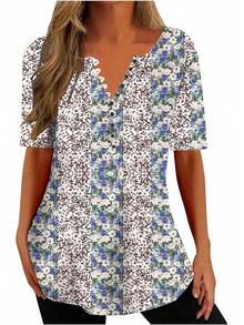 Ceboyel - Camisas Henley con estampado floral para mujer, cuello en V, sexy, casual, de manga corta, blusas elegantes para mujer - Azul #21 - Ver 7