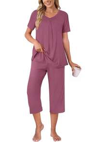 Anyally - Conjunto de pijama de verano para mujer, camisa de manga corta y pantalones capri de 2 piezas, pijama plisado con bolsillos - Mariposa azul plisada - Ver 9