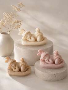 1 pieza Molde de vela de silicona 3D con bebé durmiente, molde de escultura de bebé recién nacido con gorro de punto y orejas de conejo, molde reutilizable para velas de aromaterapia DIY, jabón, resina epoxi, manualidades de yeso, regalo para baby shower, decoración del hogar y la guardería - Molde de silicona para bebé durmiendo - Ver 10