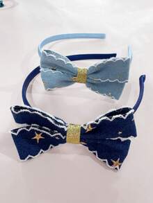 1/2pcs Denim Star Girl Cute Bow Headband Hair Accessory, Non-Tightening, Non-Damaging, Suitable For Daily Casual Wear - Multicolor - View 4
