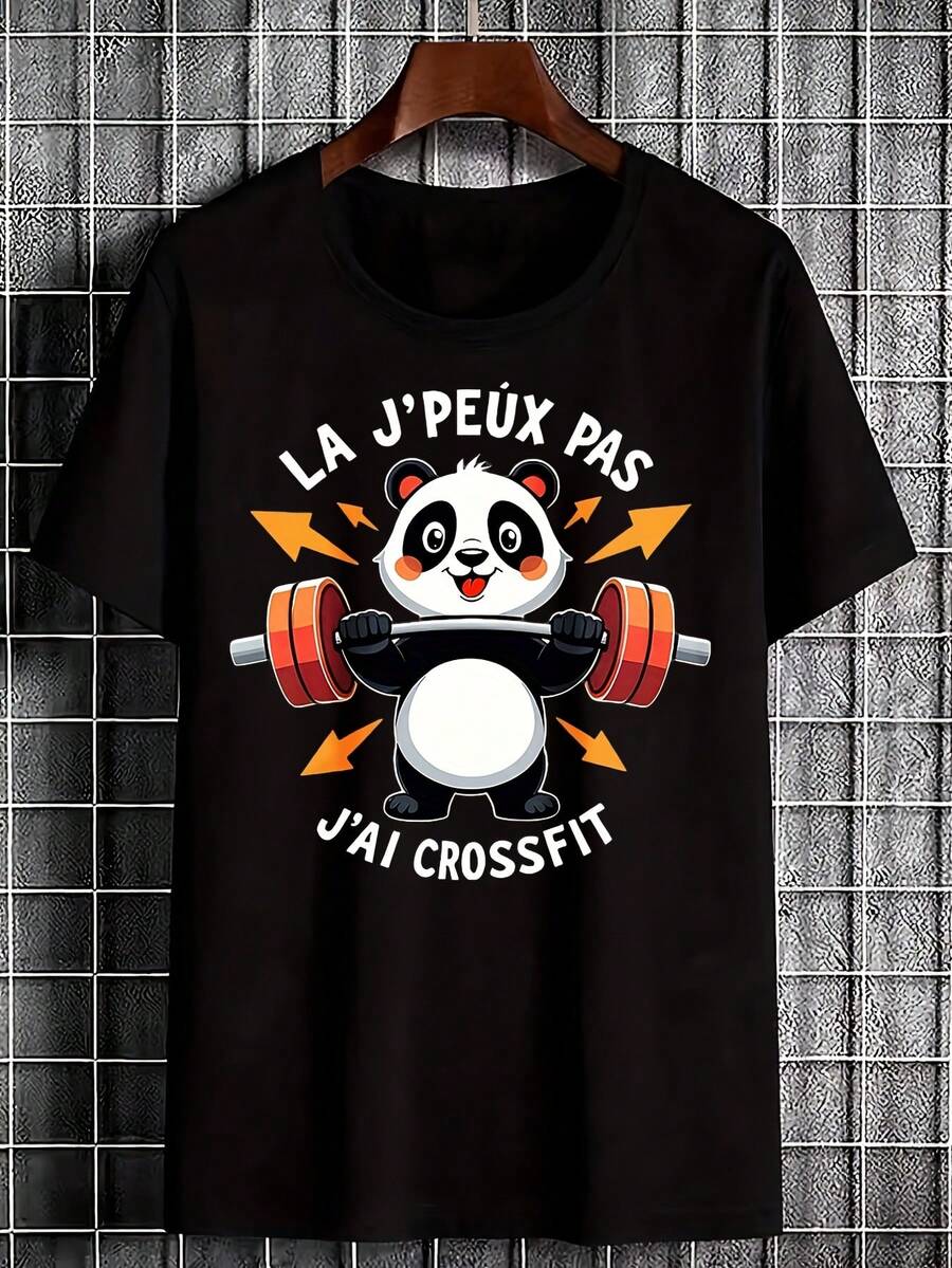 Camiseta Negra con Estampado de Panda Levantando Barra, Lema Motivacional para Crossfit, Gimnasio, Entrenamiento, Fitness, Ejercicio, para Hombres, Mujeres, Unisex, Ropa Casual - Negro - Ver 1