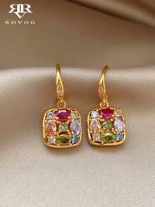 1 Pair Fashionable Luxury Exquisite Geometric Inlaid Colorful Cubic Zirconia Unique High-End Design Suitable For Ball Party Gathering Copper Alloy Women's Earrings - Multicolor - View 1