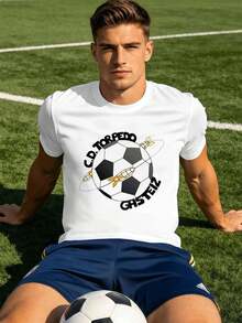 Camiseta gráfica de fútbol para hombre, corte casual, oto?o, cuello redondo, corte holgado, estilo hip-hop urbano, corte cómodo, estampado artístico. - Blanco - Ver 1