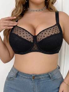 mimilemon Women's Plus Size Polka Dot Mesh Lace Underwire Bra, Comfortable Breathable Fabric, Push-Up Lift, Adjustable Wide Strap, Full Support - Black - View 11