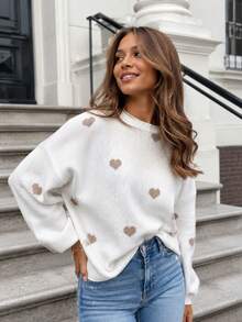 Femmes Tricot Lâche Motif cœur Décontracté, Col Rond Manches Longues, Tricot De Base, Tenue décontracté Chic, Top D'automne, Pull D'automne, Vêtements D'hiver Pour Femmes, Vêtements D'automne/Hiver Pour Femmes, Vêtements D'automne Blanc - Blanc - Voir 4
