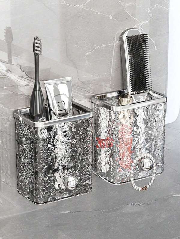 Water Ripple Texture Wall-Mounted Storage Box, No-Drill Bathroom Toiletries Organizer Rack, Bathroom Storage Shelf, Multi-Compartment Storage Box, Suitable For Toothbrush, Comb, Toothpaste And Skincare Products, Made Of Metal-Texture Plastic Material, No-Drill, Easy Installation, Ideal Choice For Modern Home Decor, Modern Bathroom Accessories, Transparent Storage Box, Bathroom Accessories
