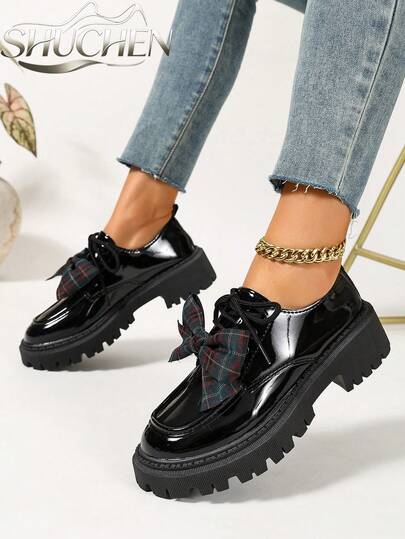 1 Pair Women's Lace-Up Thick Sole Mary Jane Shoes, Plaid Bow Square Toe Chunky Heel Serrated Sole College Style Gothic Black Patent Leather Casual Oxford Shoes
