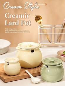 2pcs Ceramic Pig-Shaped Lard Pot With Lid, High Temperature Resistant Large Capacity Storage Jar, Kitchen Seasoning Jar, Salt Cellar With Spoon - View 2