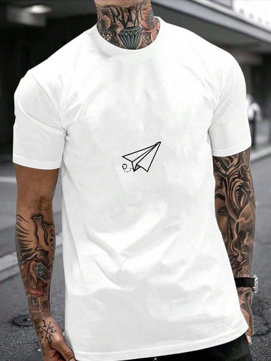 Envío Local - Envío desde DE/IT/FR/ES/PL - Camiseta Unisex con Estampado de Avión de Papel - Ropa para Hombre - Algodón de 180 g/m², Manga Corta, Cuello Redondo, Camiseta Casual, Prenda Esencial, Regalo Perfecto para Fiestas - B - Ver 1
