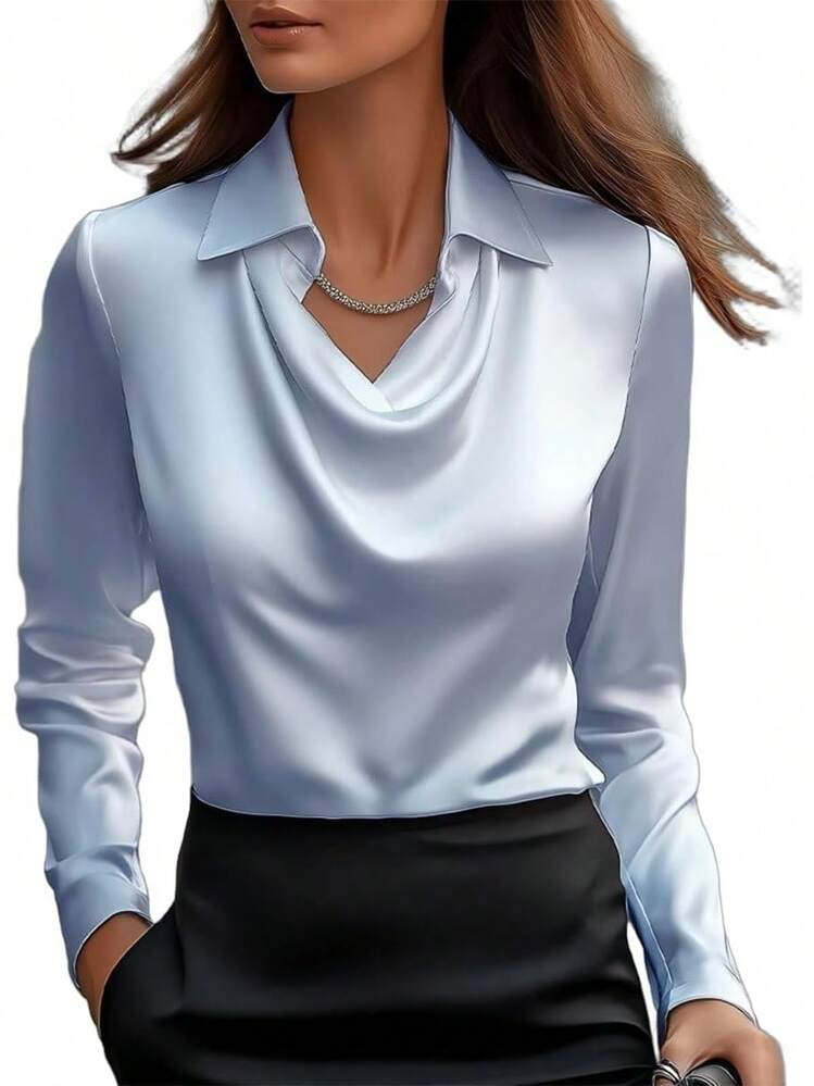 sa de satén con cuello dudete para mujer Genérico – Elegantes blusas de seda de manga larga, camisas de trabajo casuales y elegantes para oficina, invitadas de boda y atuendos escolares 2025 - Negro - Añade 15
