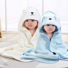 2pcs Neutral Baby Bath Towel Set Hooded Animal Face Design Soft And Cozy Newborn Cape Towel For All Seasons, Cartoon Coral Fleece Bathroom Accessories Bathing Wrap - 2 Packs, Blue Dog + White Bear - View 7