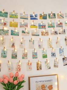 1pc 1-10m LED Copper Wire String Lights With Wooden Photo Clips, 10 Clips Per Meter (±2-3 Clips Error), Hanging Photo Cards Fairy Lights, Photo Wall Decoration Lights, Bedroom Atmosphere Decorative Light String, Suitable For Girls' Room Birthday Party Anniversary Home Decor - 銅色線 - 查看 4