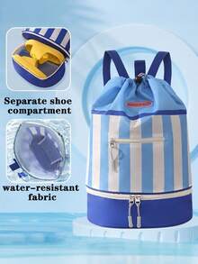 Large Capacity Wet & Dry Swim Bag, Bottom Zipper Shoe Compartment, Waterproof Striped Beach Bag, Unisex, Durable Drawstring Travel Storage Bag, Suitable For Water Sports, Vacation, Fitness, Camping, Pool, Gym Travel Essentials - Multicolor - View 13