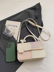 Fashionable Minimalist Premium Sequin Retro Colorblock Women's Handbag With Pendant - Beige - View 6
