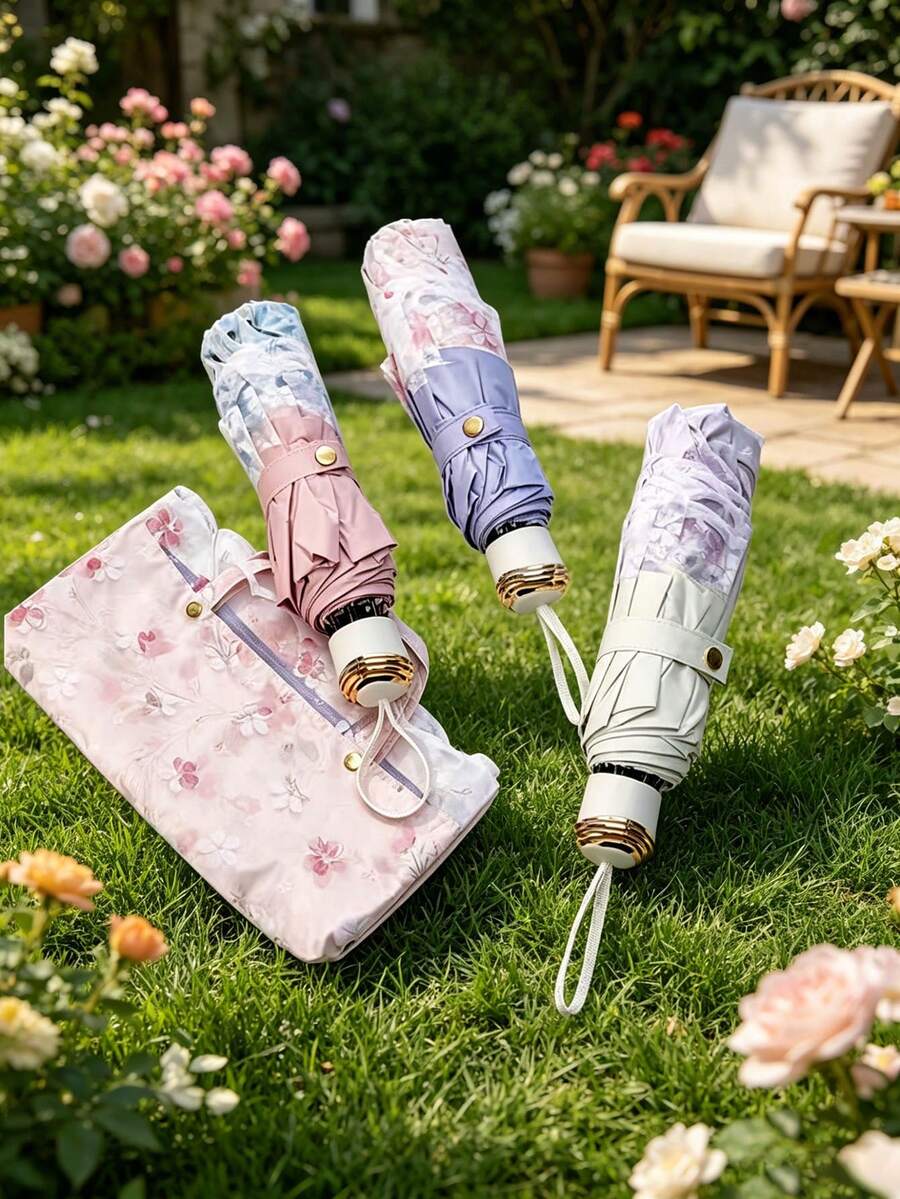 1pc Double Layer Floral Lace Pocket Sun Umbrella, UV Protection, Sun And Rain Dual Use, Compact And Portable, Suitable For Outdoor, Beach, Rainy Day Use. - Lace Double-layer Umbrella - View 1