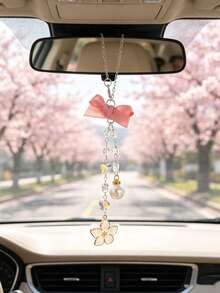 Bowknot Cherry Blossom Car Rearview Mirror Pendant, Crystal Pearl Beaded Car Hanging Decoration, Girly Car Interior Decor, Pink Bow Pearl Pendant Car Rearview Mirror Hanging Ornament, Crystal Bead Chain Style, Universal Car Interior Decoration Accessory - Cherry Blossoms - View 4