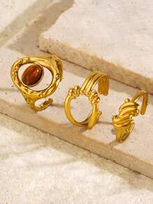 3pcs Stainless Steel 18K Gold Plated Summer Versatile Elegant Fashion Minimalist Casual Style Geometric Gold Knot Ring Set Suitable For Women Daily Wear Holiday Beach Vacation Date Travel Casual Jewelry Gift - Multicolor - View 5