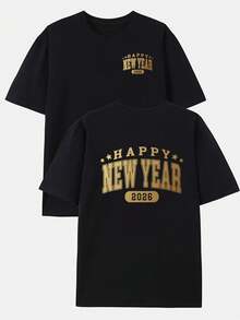Feliz Año Nuevo 2026 Camiseta de Moda Masculina con Estampado de Doble Cara |   Cuello redondo, mangas cortas, tela de elasticidad media, adecuada para todas las estaciones, corte regular, i - Negro - Ver 1