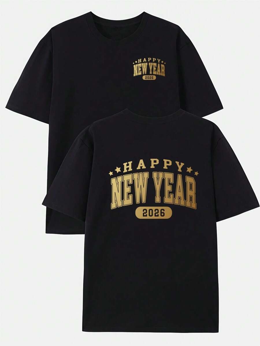 Feliz Año Nuevo 2026 Camiseta de Moda Masculina con Estampado de Doble Cara | Cuello redondo, mangas cortas, tela de elasticidad media, adecuada para todas las estaciones, corte regular, i - Negro - Ver 1