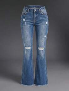 New Women's Washed Distressed Casual Versatile Frayed Hem Jeans - Dark Wash - View 5