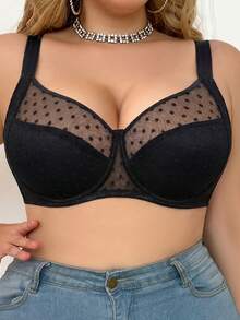 mimilemon Women's Plus Size Polka Dot Mesh Lace Underwire Bra, Comfortable Breathable Fabric, Push-Up Lift, Adjustable Wide Strap, Full Support - Black - View 8