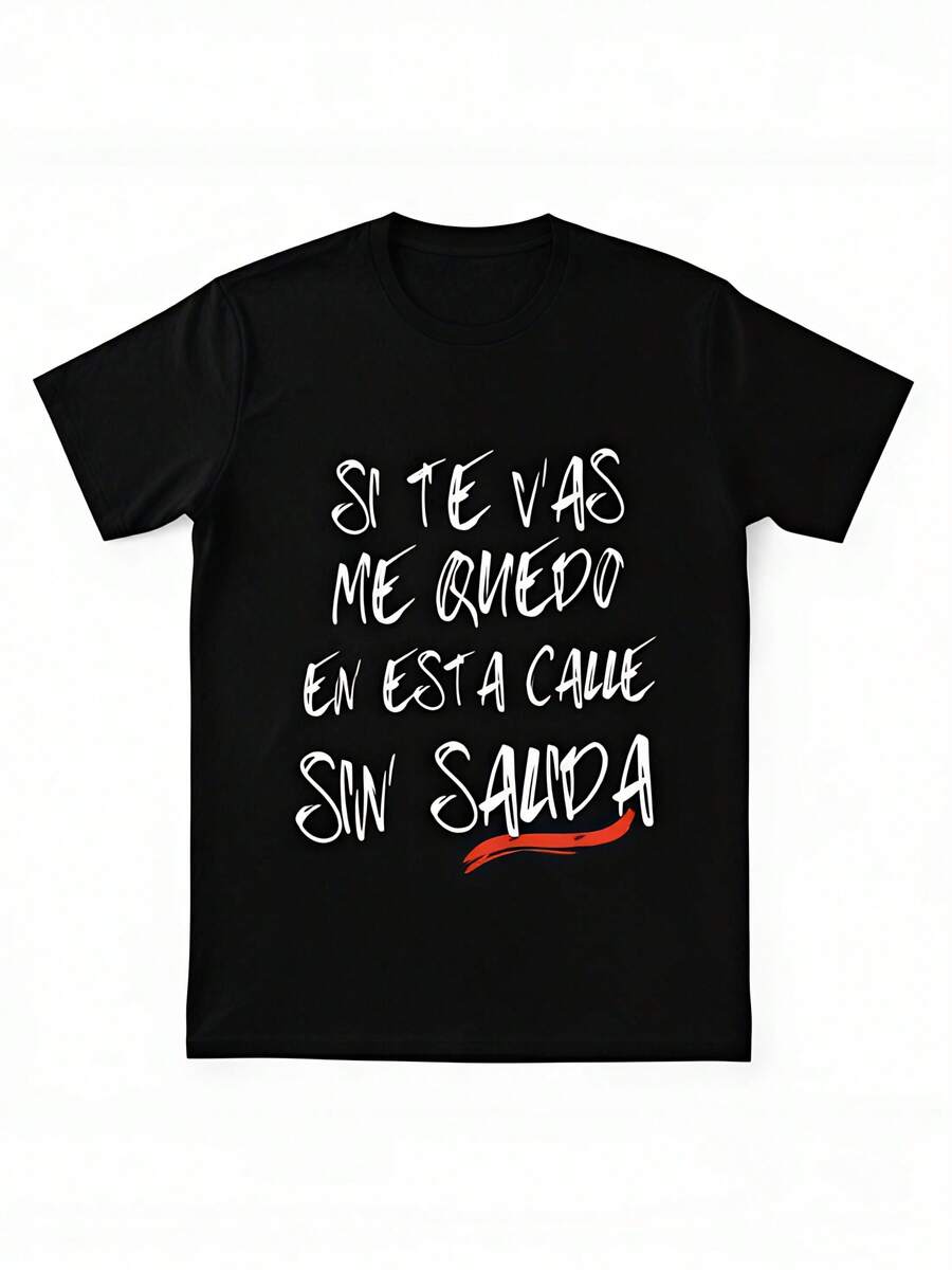 Camiseta de manga corta de algodón puro con cuello redondo y estampado icónico español, ropa casual para conciertos y atuendos, lavable a máquina, adecuada para uso diario y actividades de ocio. - Negro - Ver 1