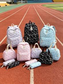 1 Set Back To School Backpack Set - College Style Bow/Floral Pattern Backpack, Includes Backpack, Lunch Bag And Pencil Case, Large Capacity With Laptop Compartment, Adjustable Shoulder Straps And Multiple Pockets, High Capacity School Backpack Set, Multi-Functional Daypack Set, Suitable For Girls/College Students/Graduate Students Daily Use/Vacation/Travel/Back To School - Multicolor - View 1