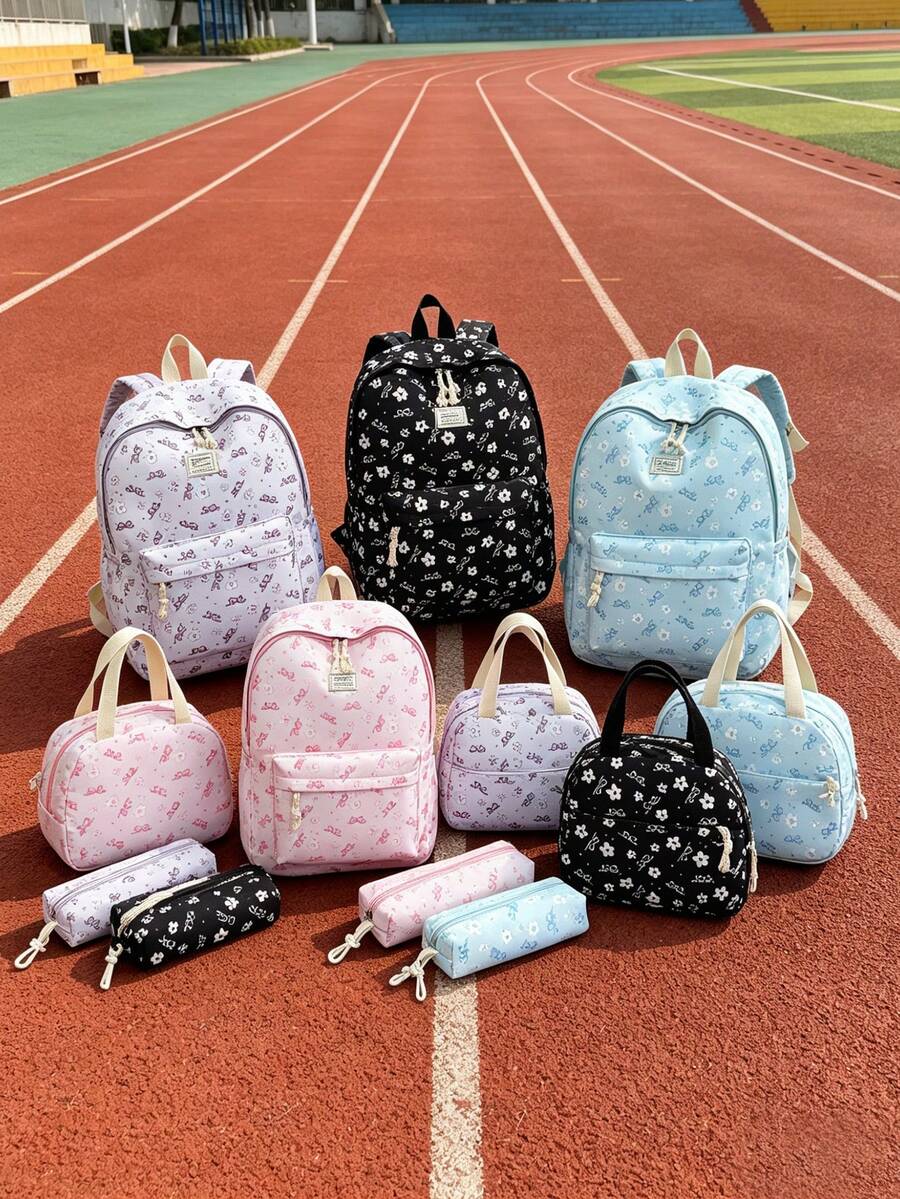 1 Set Back To School Backpack Set - College Style Bow/Floral Pattern Backpack, Includes Backpack, Lunch Bag And Pencil Case, Large Capacity With Laptop Compartment, Adjustable Shoulder Straps And Multiple Pockets, High Capacity School Backpack Set, Multi-Functional Daypack Set, Suitable For Girls/College Students/Graduate Students Daily Use/Vacation/Travel/Back To School - Multicolor - View 1