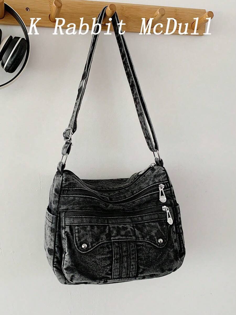 New Chic Casual Shoulder Bag Made Of Soft, Multi-Layered Denim With Multiple Pockets, Versatile, Suitable For Work, Shopping And Travel. - Gold - View 1