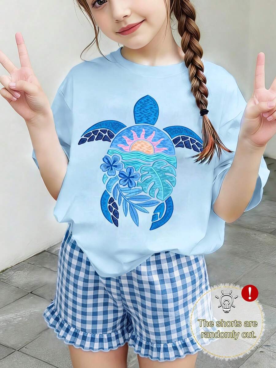 2pcs/Set Summer Girls Casual Loose Turtle Print Short Sleeve T-Shirt And Plaid Shorts, Random Cut, Minimalist Style, Suitable For Home, Outdoor Activities & Daily Wear - Baby Blue - View 1