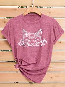 Colección de camisetas de manga corta para mujer de talla grande, con un estilo literario y estampado de gato con ojos cerrados. Esta camiseta casual y deportiva de cuello redondo es fresca - Negro - Ver 6