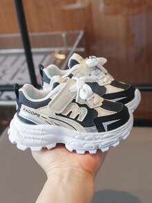 1 Pair Girls' Colorblock Thick Sole Chunky Sneakers, Hook & Loop Anti-Slip Lightweight Kids' Sports Shoes, Baby Casual Running Shoes - Black - View 5