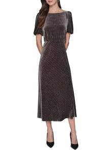 Vestido Midi de Terciopelo a Rayas Finas de Manga Corta  Vestido Informal Mujer - Espresso Multi - Ver 6