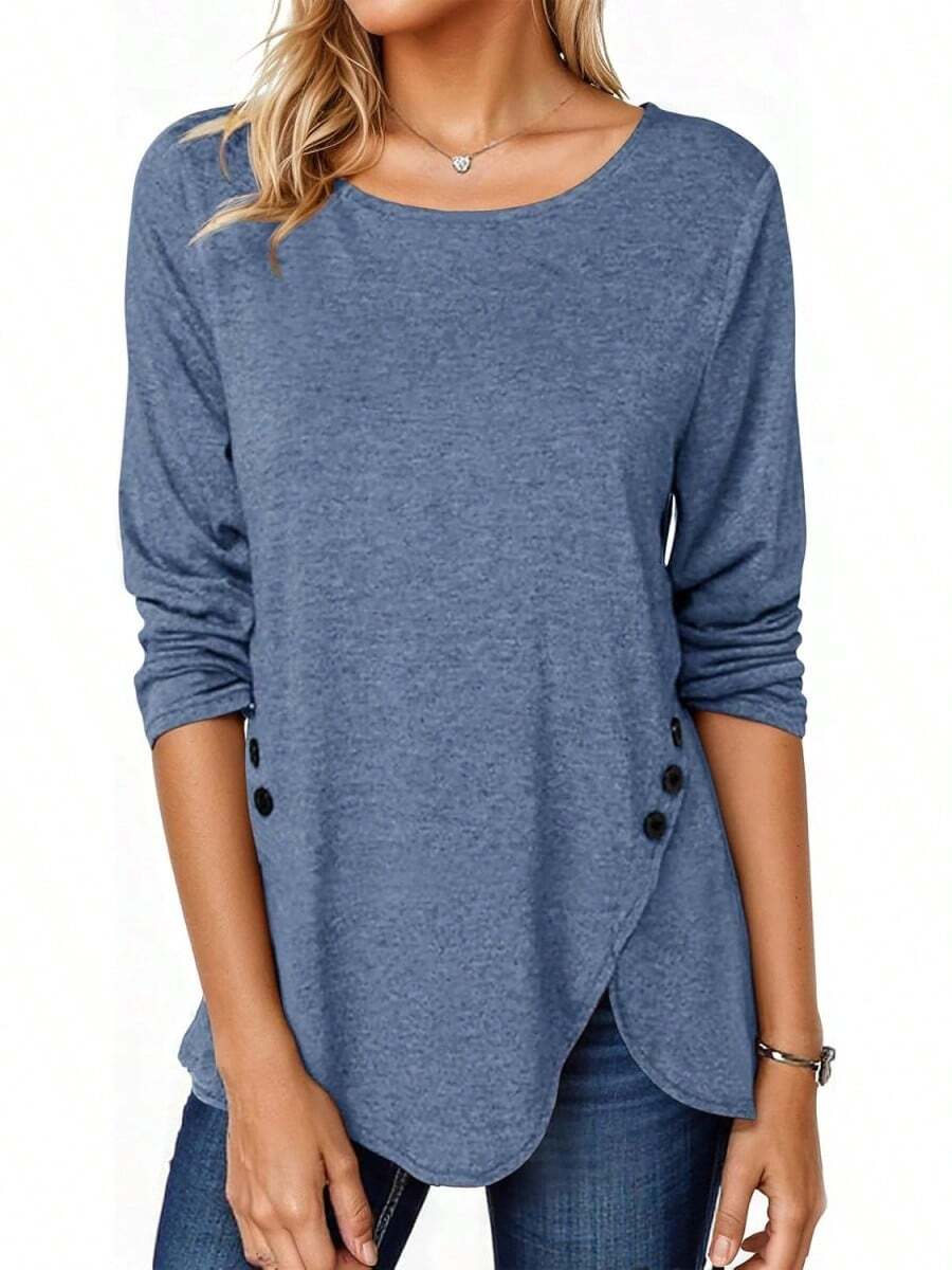 Fisoew - Blusa casual de manga larga para mujer, cuello redondo, botones laterales - Caqui - Ver 1