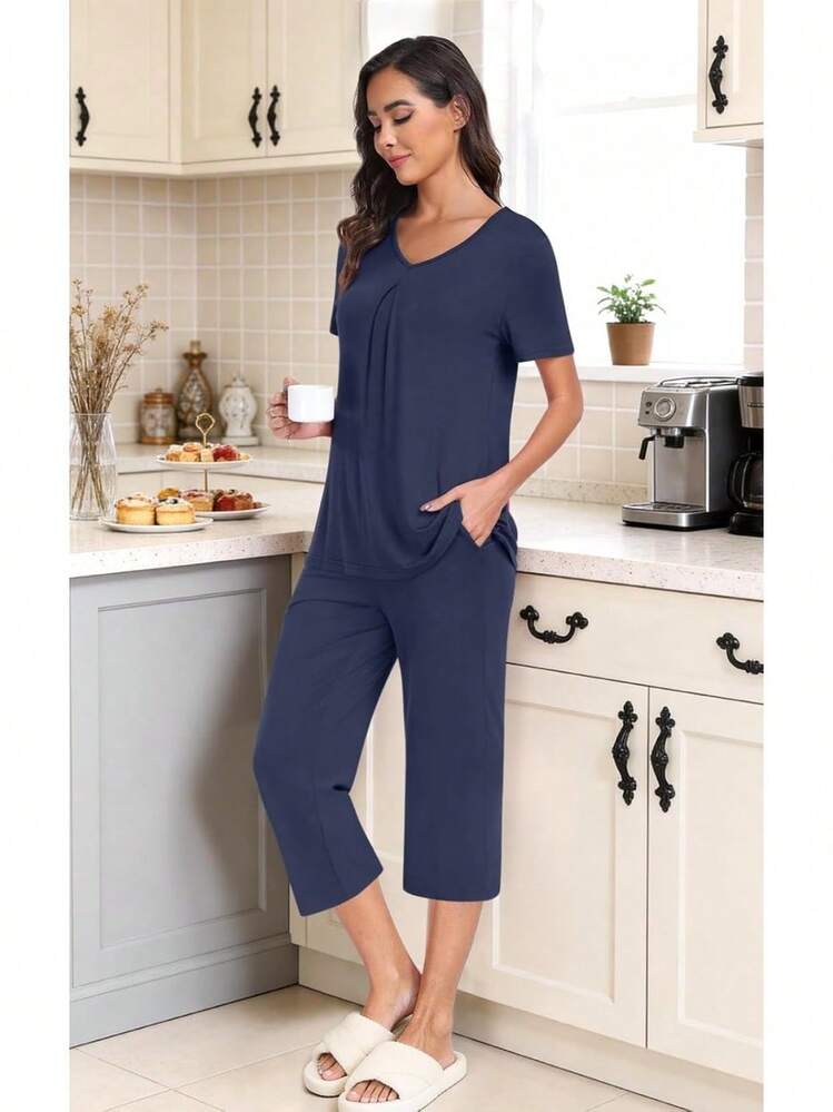 Anyally - Conjunto de pijama de verano para mujer, camisa de manga corta y pantalones capri de 2 piezas, pijama plisado con bolsillos - Fucsia - Añade 3