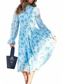 ANRABESS - Vestido midi floral para mujer, manga larga, con volantes, de gasa, acampanado, plisado, con cinturón, vestido de fiesta para té - Rosa nariz roja - Ver 1
