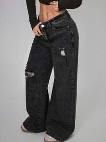 Straight Leg Jeans In Washed Blue Denim With Rips - Noir - Voir 3