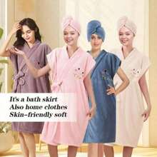 Embroidered Cartoon Short Sleeve SPA Bathrobe With Waist Tie, Adjustable Thick Soft Absorbent Bath Towel And Hair Drying Cap, Suitable For Home, Travel, Sauna, SPA - Multicolor - View 2