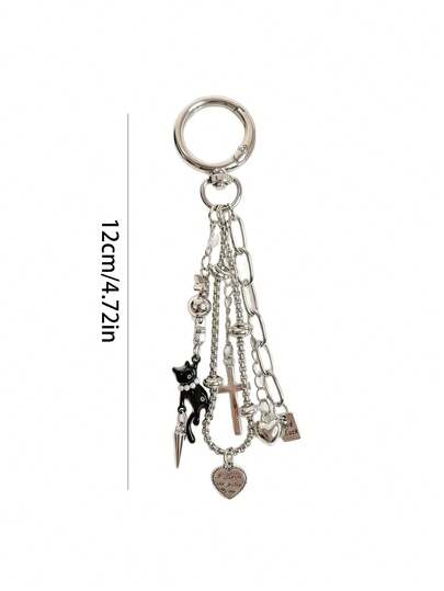 1pc Dark Y2K Black Cat Multi-Layer Chain Pendant Cross Heart Sweet Cool Bag Charm Accessory, Heart-Shaped Keychain