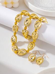 Conjunto de joyería vintage francés de alta gama con collar, pulsera y pendientes con cuentas de piedras preciosas asimétricas, elegante accesorio de nicho como regalo para mujeres - Amarillo Oro - Ver 3