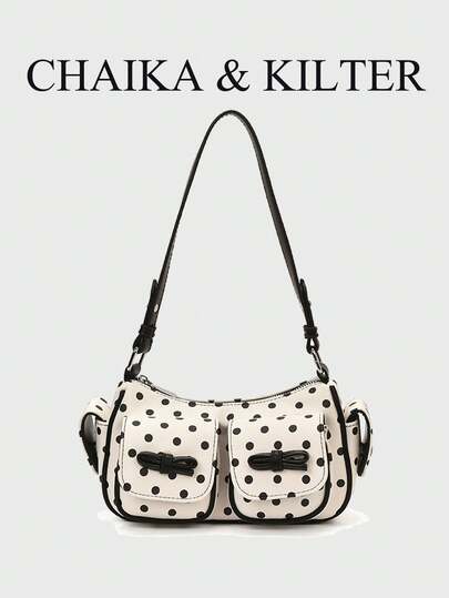 Polka Dot Bow Decor Shoulder Bag, Cute Y2K Style Multi-Pocket Baguette Bag, Casual Fashion Underarm Handbag For Women